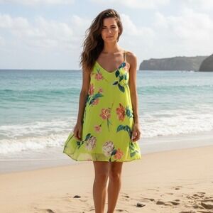 Peach Love California Women Tropical Floral Mini Cami Dress Small Green Beachy